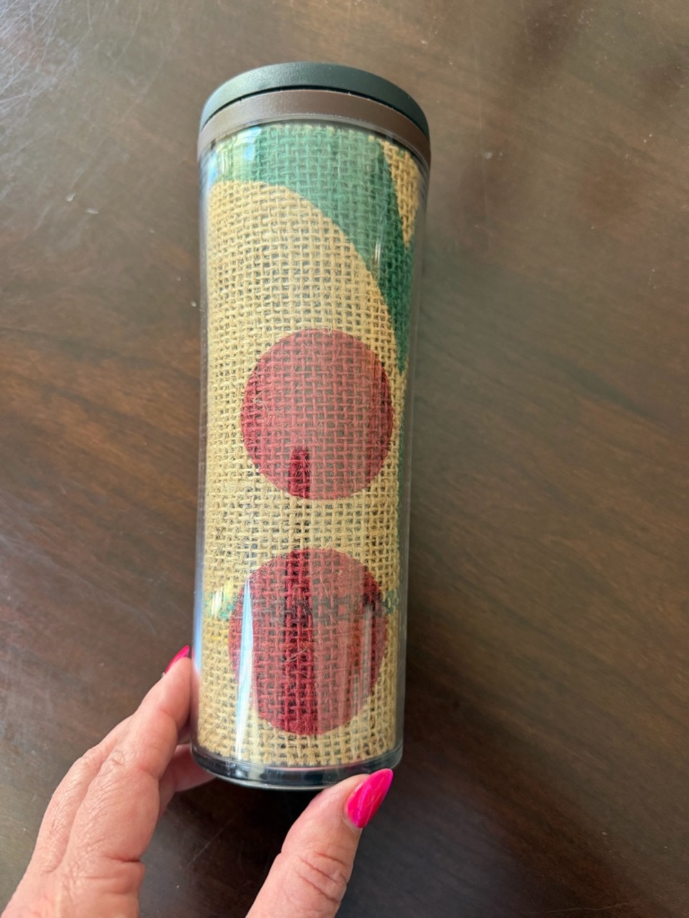 Starbucks 2010 Burlap Coffee Bean Bag  Coffee Travel Tumbler with Screw Lid.